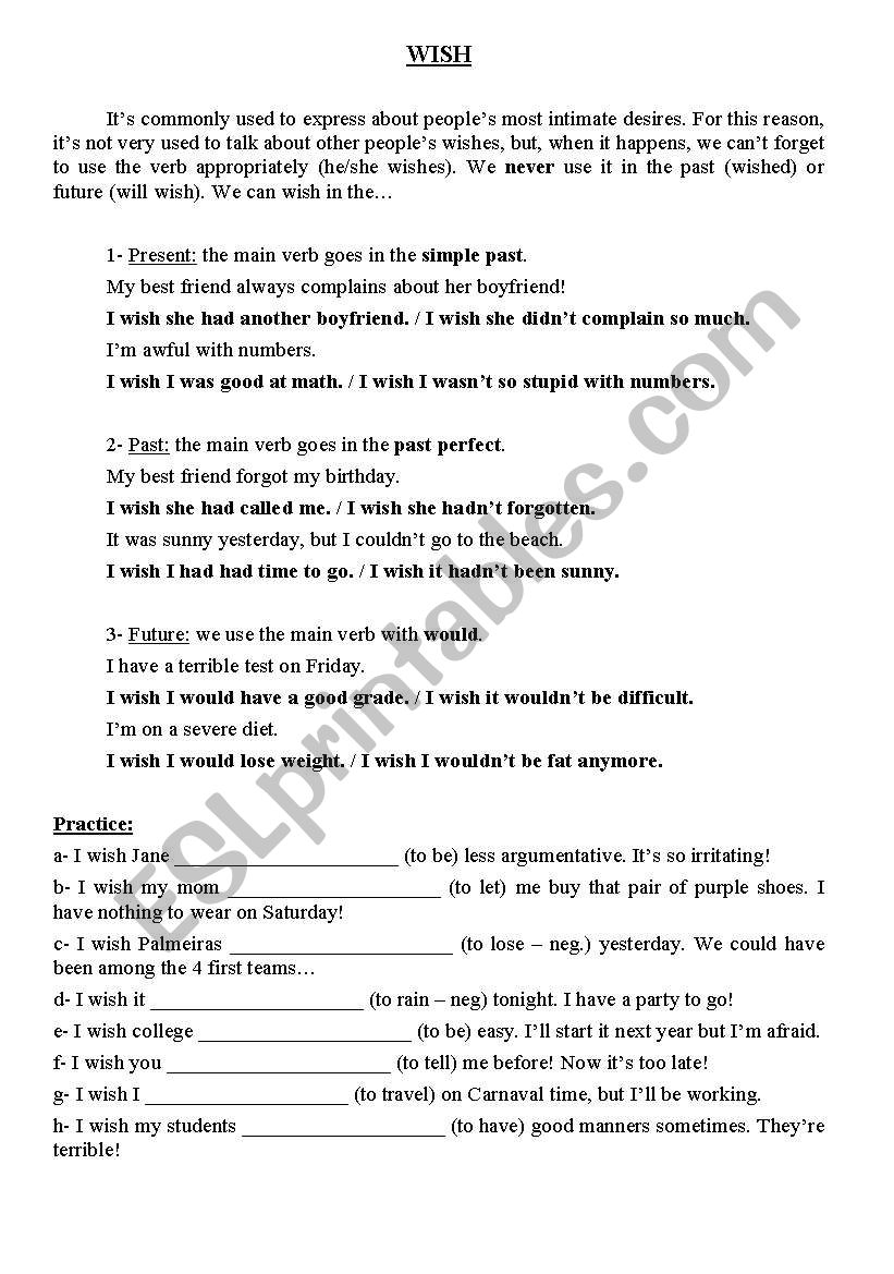 Wish grammar explanation worksheet