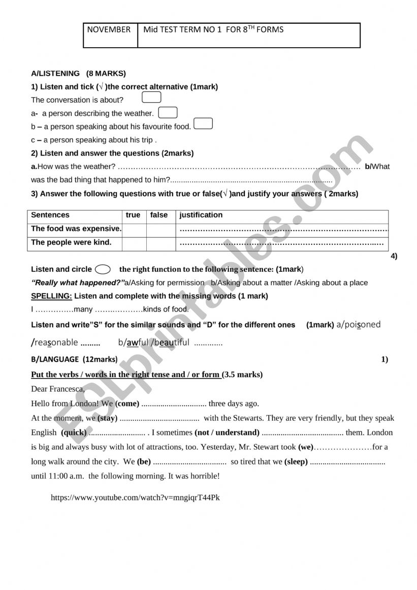 MID TERM TEST 1 FOR 8TH  worksheet