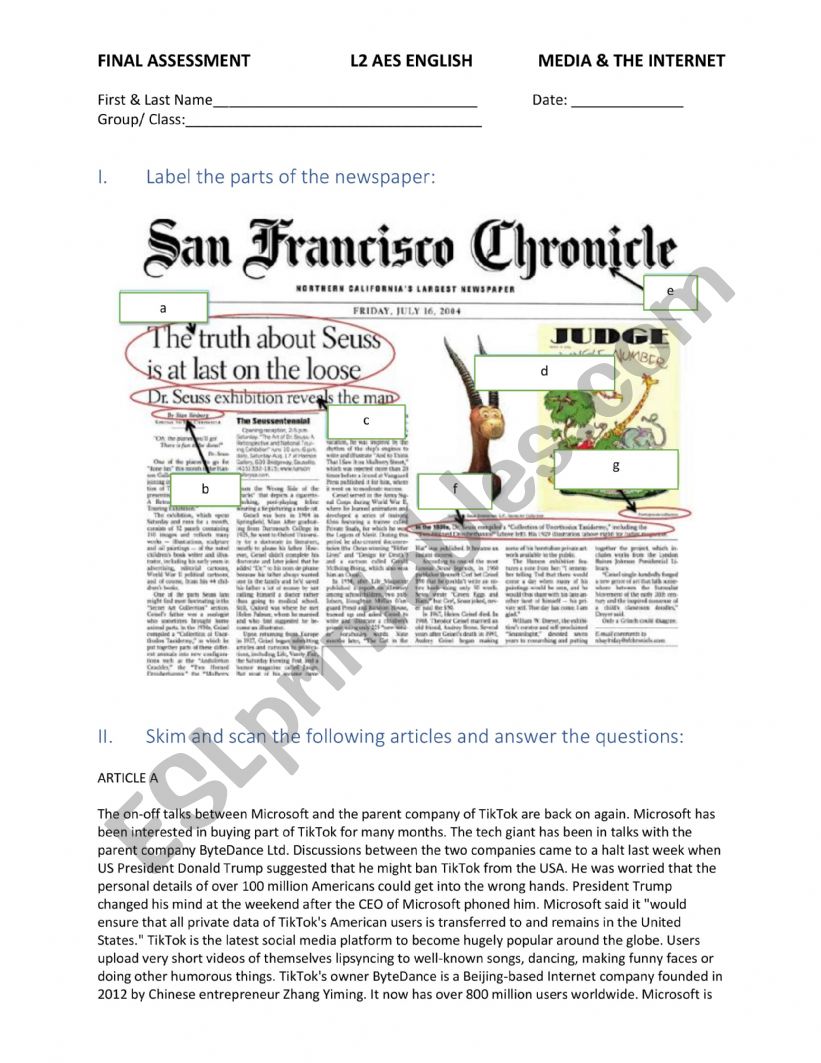 Assessment Media and Internet worksheet