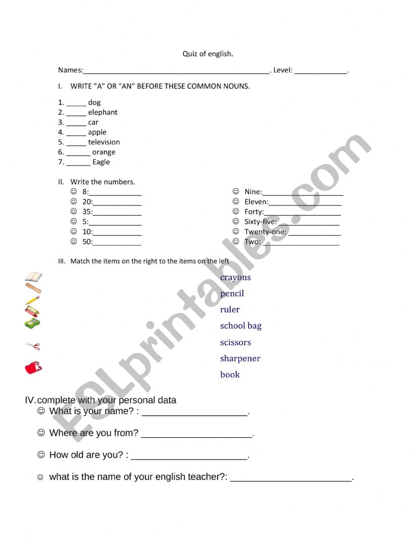 quiz clothes worksheet