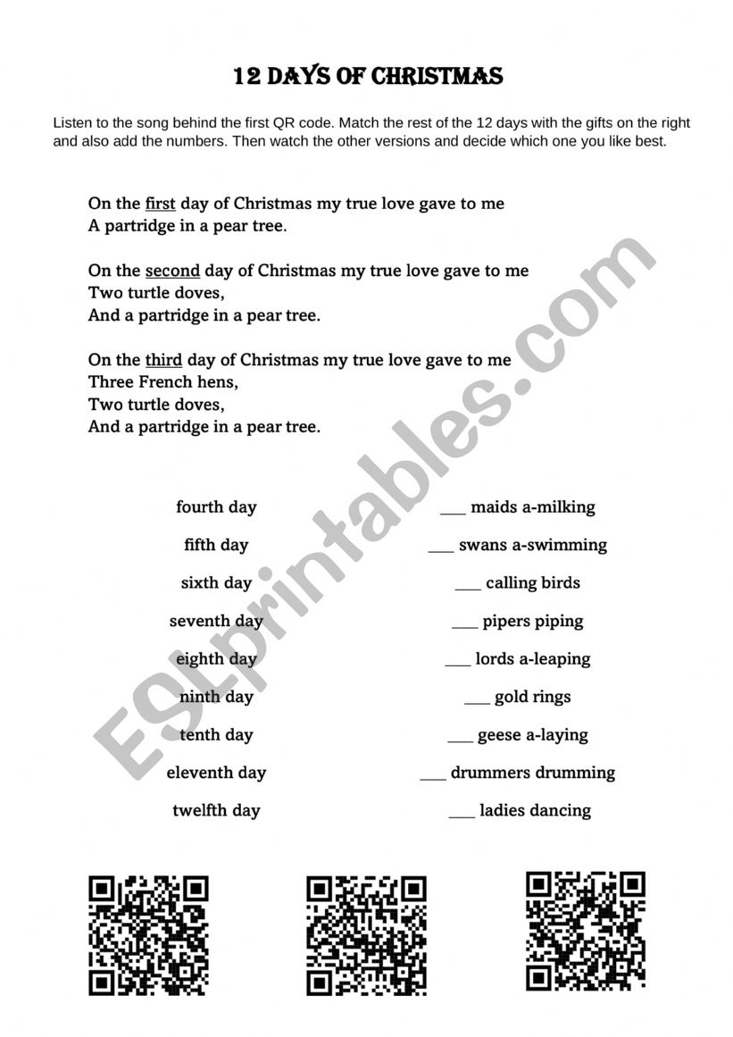 12 Days of Christmas worksheet