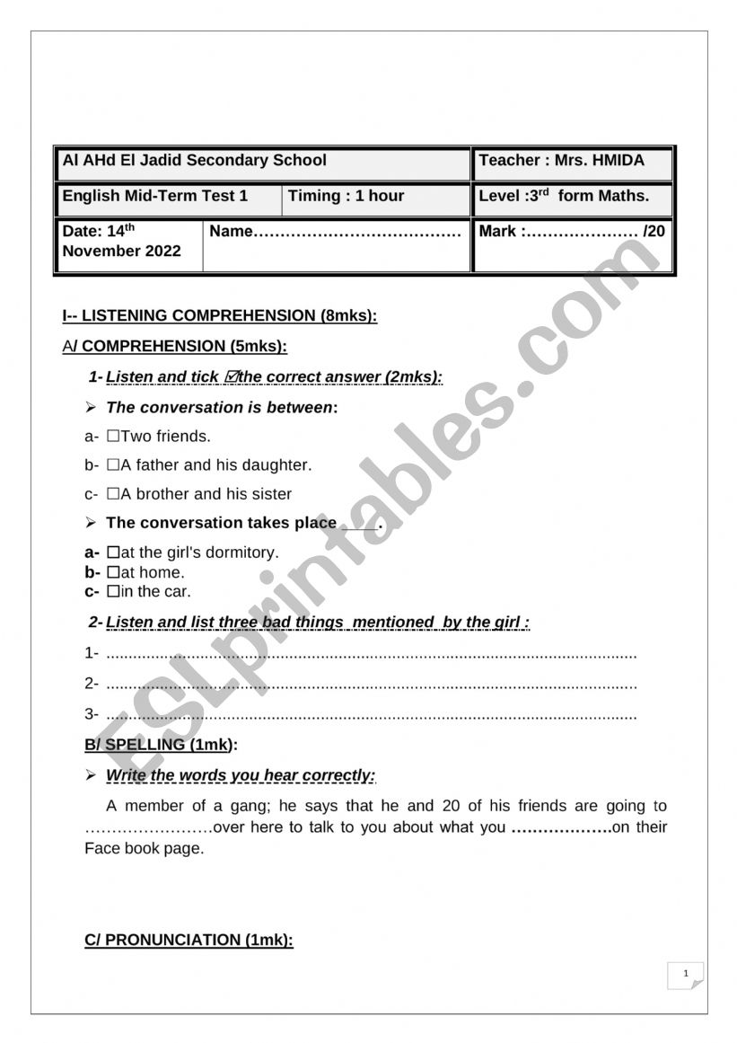 Mid Term test n°1 3rd form worksheet