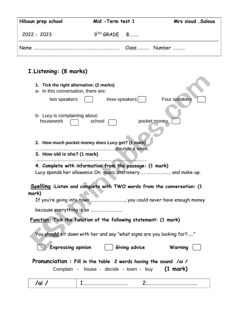 MID TERM TEST  1 9TH FORM worksheet