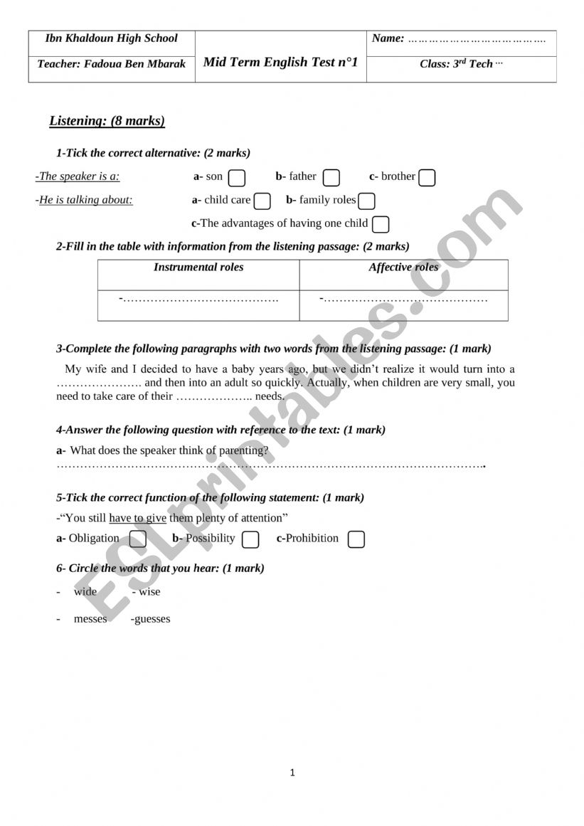 3rd form test nÂ°1 worksheet