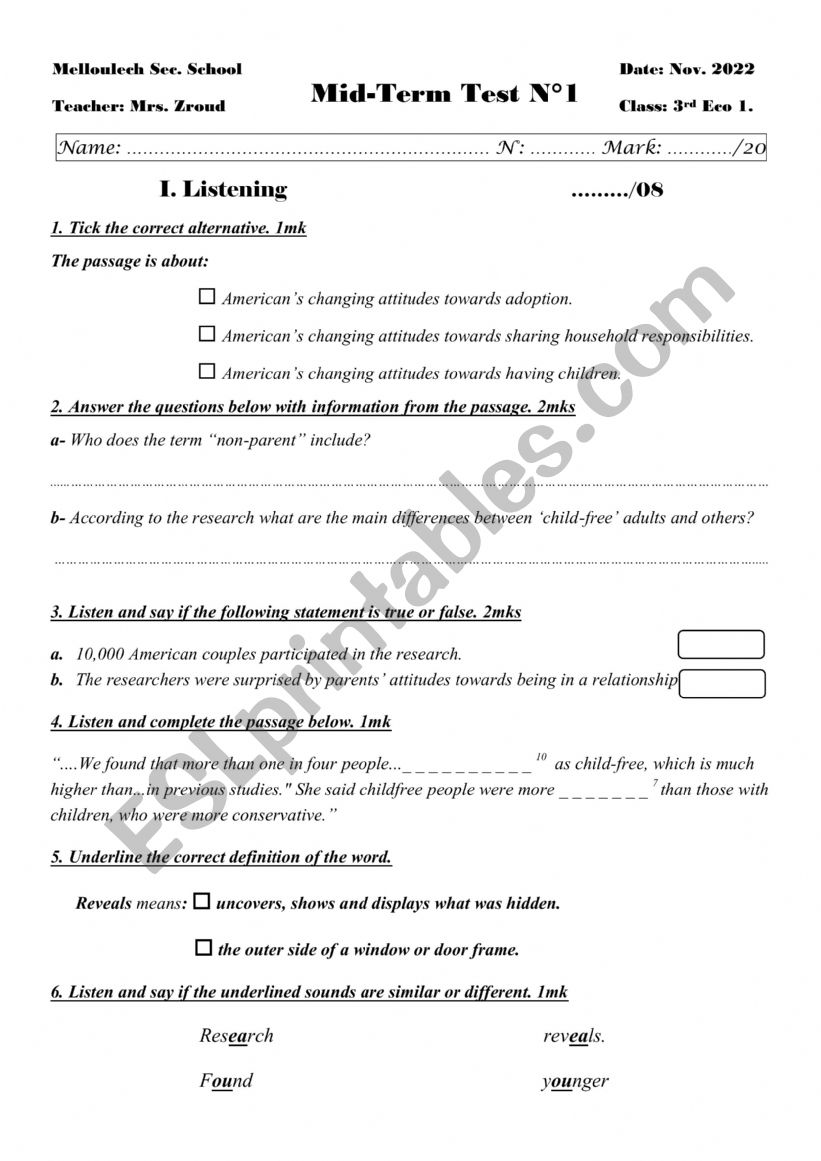Mid term test NÂ°1 worksheet