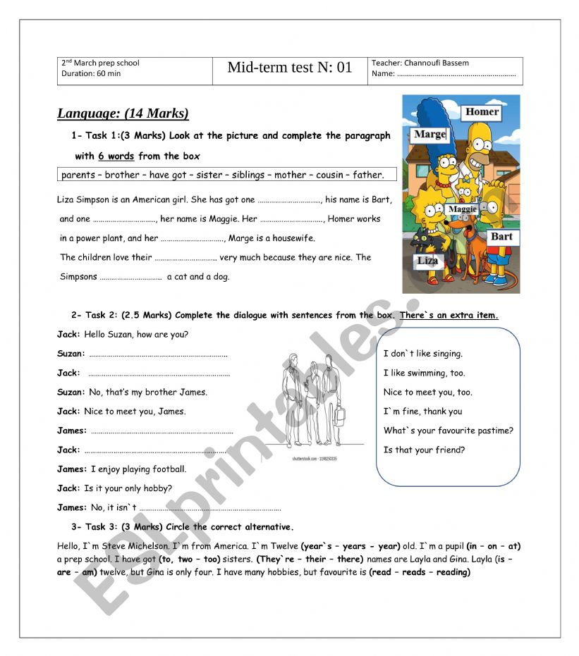 7th form mid-term test 1 worksheet
