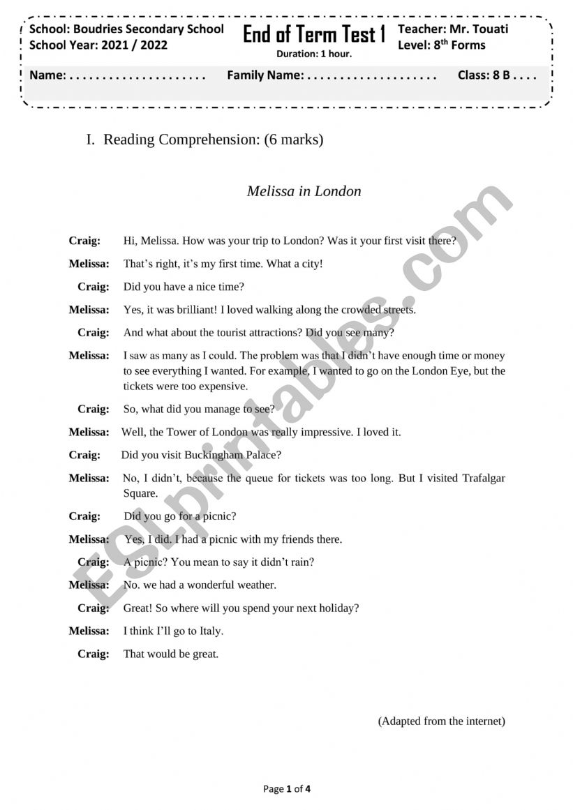8th form end of term test 1 worksheet