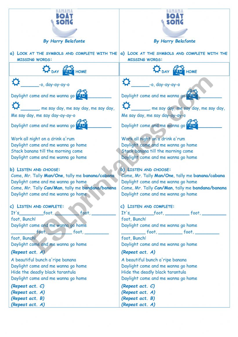 The banana boat song day o by harry belafonte esl worksheet by cyn24