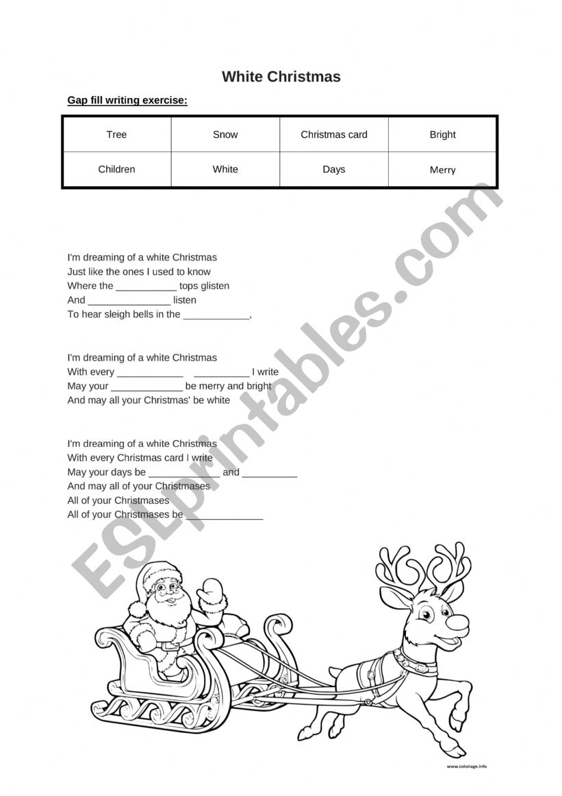 White Christmas Gap Fill Writing Exercise ESL Worksheet By CeliaFrench White Christmas Gap Fill Writing Exercise ESL Worksheet By CeliaFrench