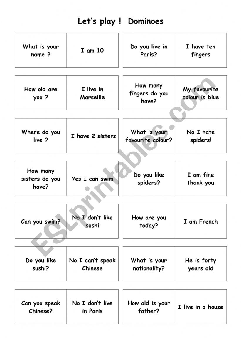 questions/answers dominoes worksheet