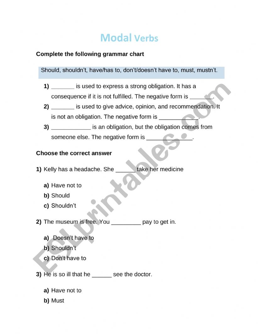 Modal verbs  worksheet