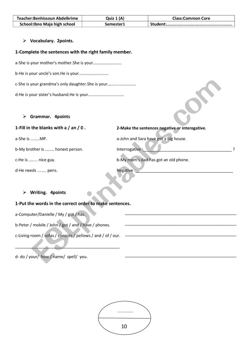 QUIZ 1 UNIT 1  worksheet