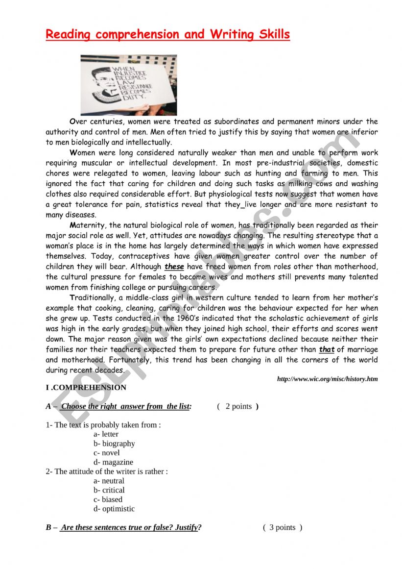 Reading comprehension Gender Discrimination  and Writing Skills worksheet