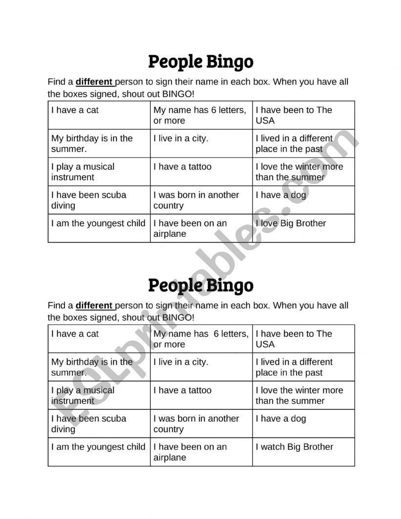 bingo people worksheet