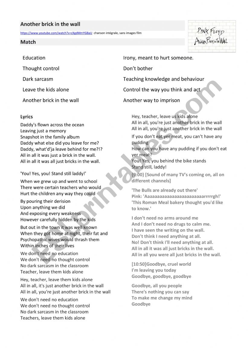 Another brick in the wall. brainstorming and lyrics ESL worksheet by