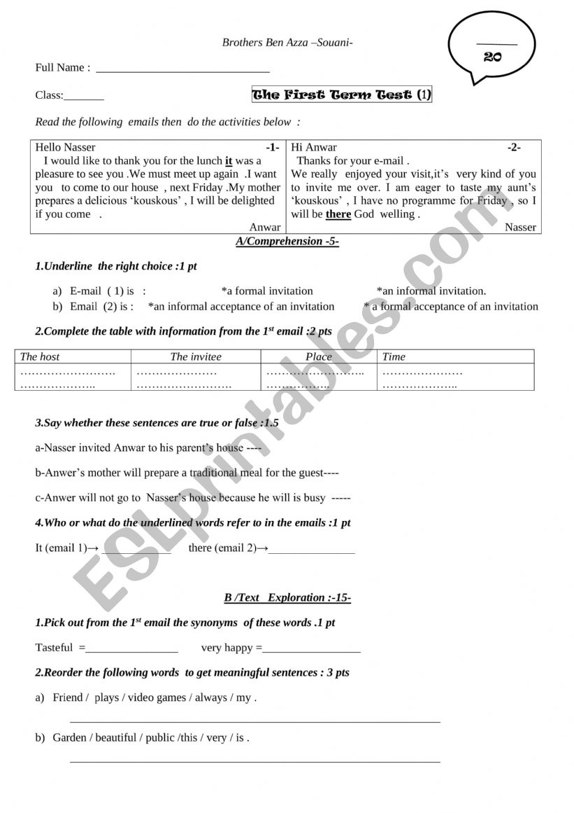 test for 1st year secondary school 
