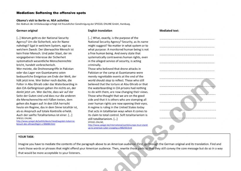 Mediation -softeners worksheet