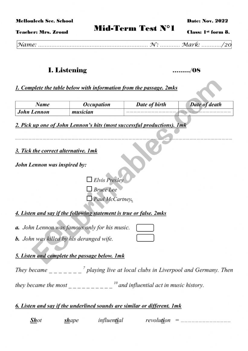 mid term test worksheet