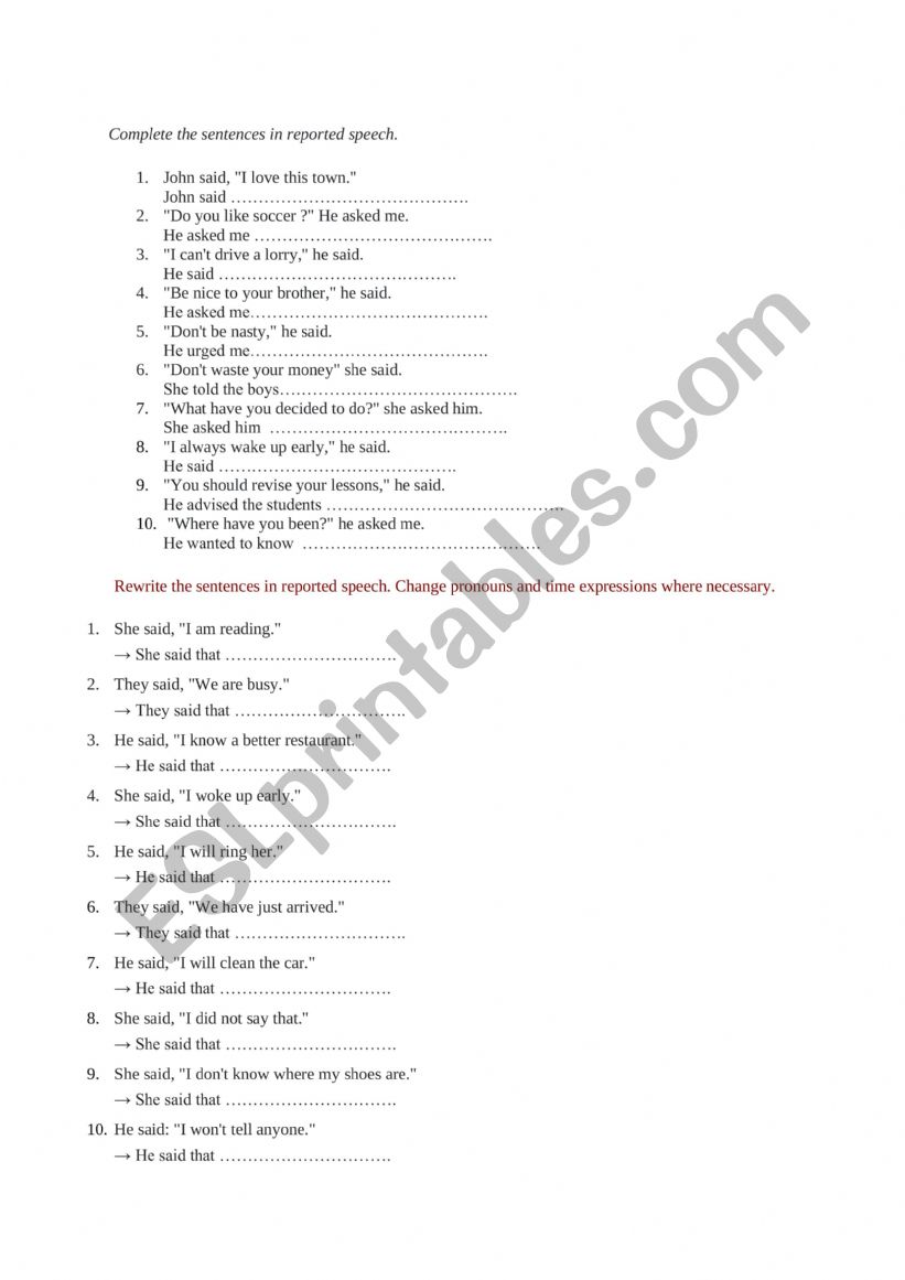 Reported speech - exercises - ESL worksheet by Izabela1988