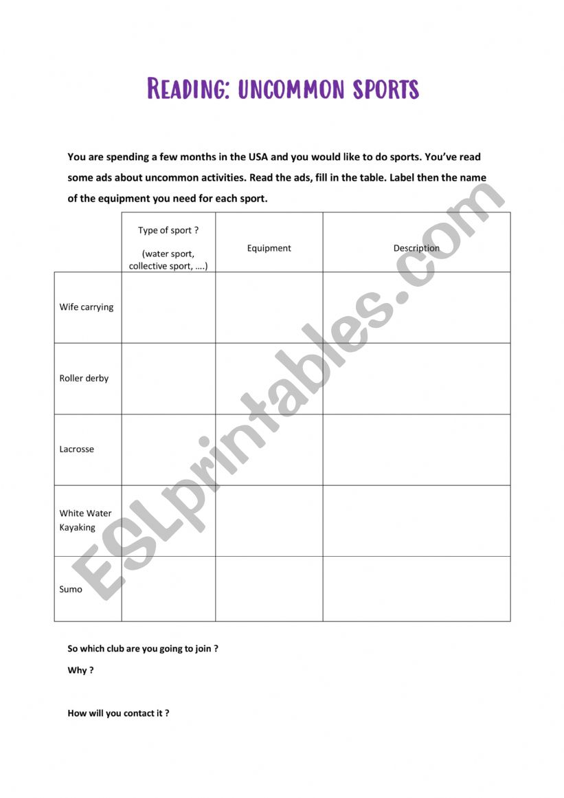 Uncommun sport Reading activity