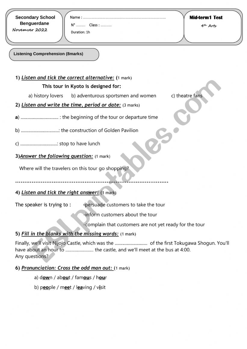 4th form MID TERM1 TEST worksheet