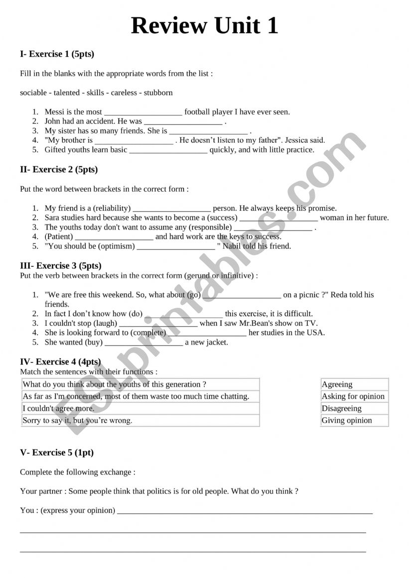 Review unit 1 the youth worksheet