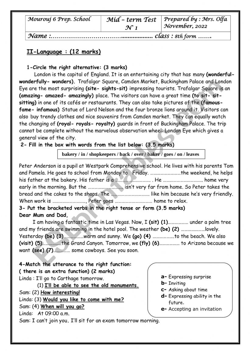 mid-term test 1 8th form worksheet