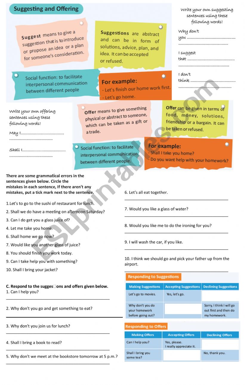 suggesting and offering  worksheet