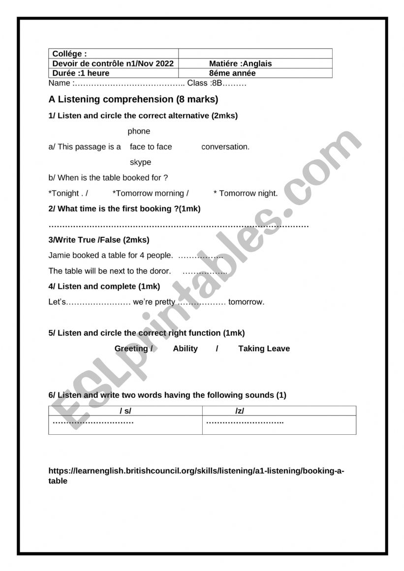 mid term test1 8 th form worksheet