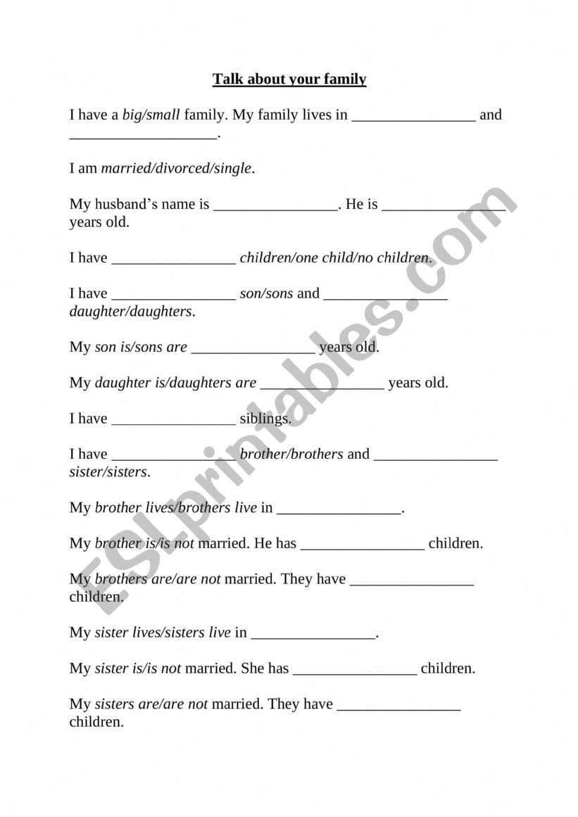 Tell me about your family worksheet