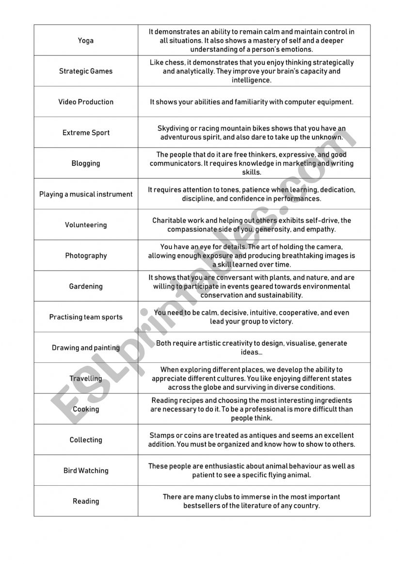 HOBBIES MATCHING GAME worksheet
