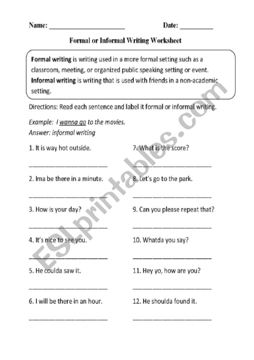 formal and informa; worksheet