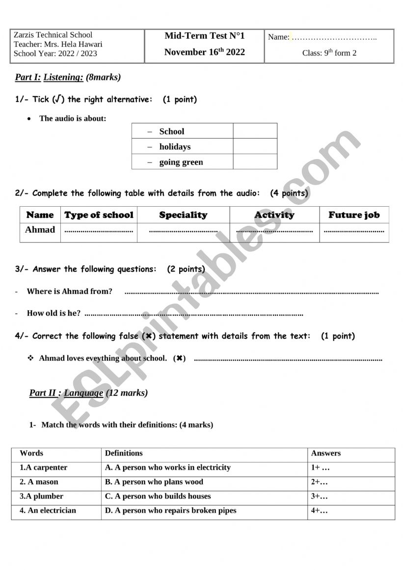 9th form mid term test n1 technical school