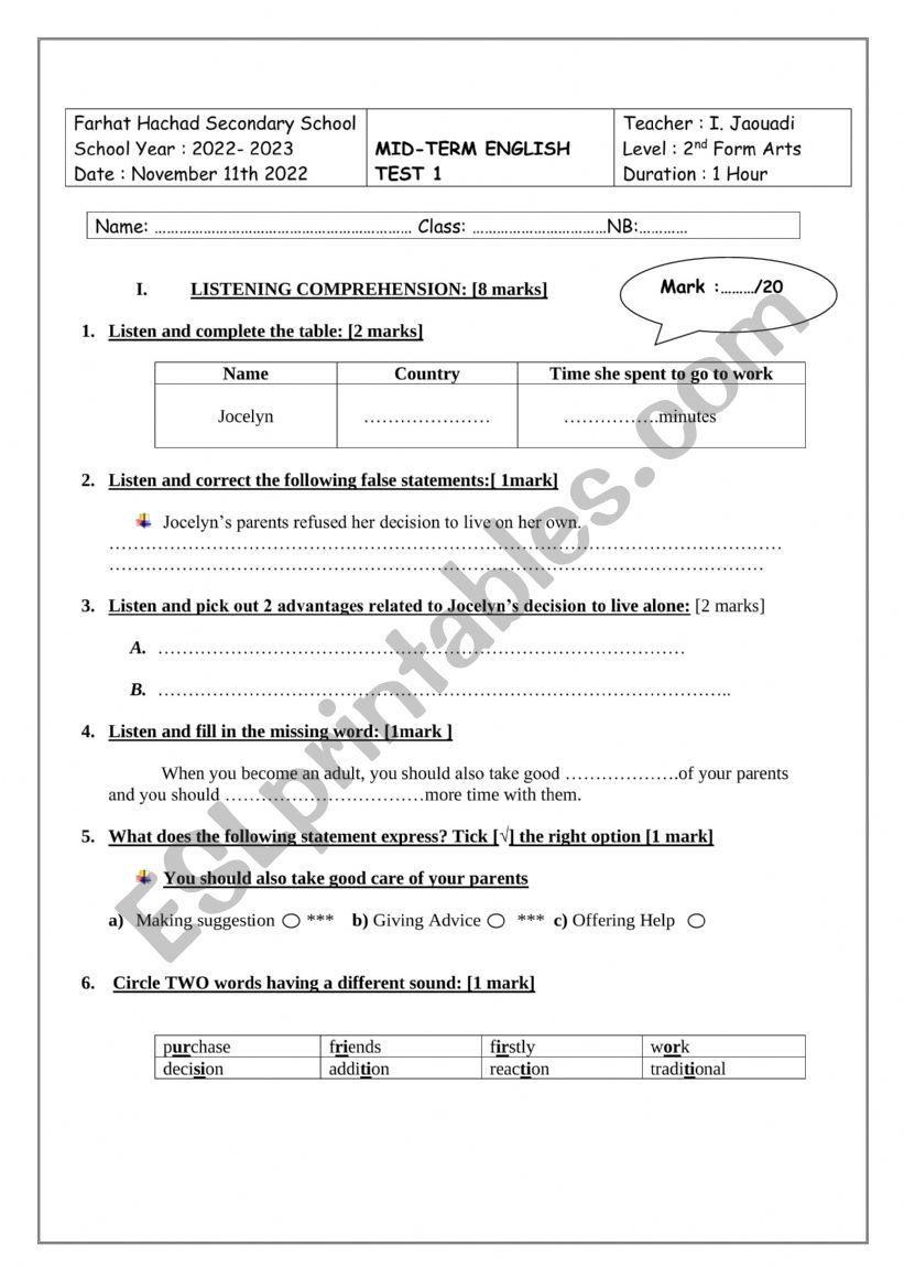 First Mid-Term Test  worksheet