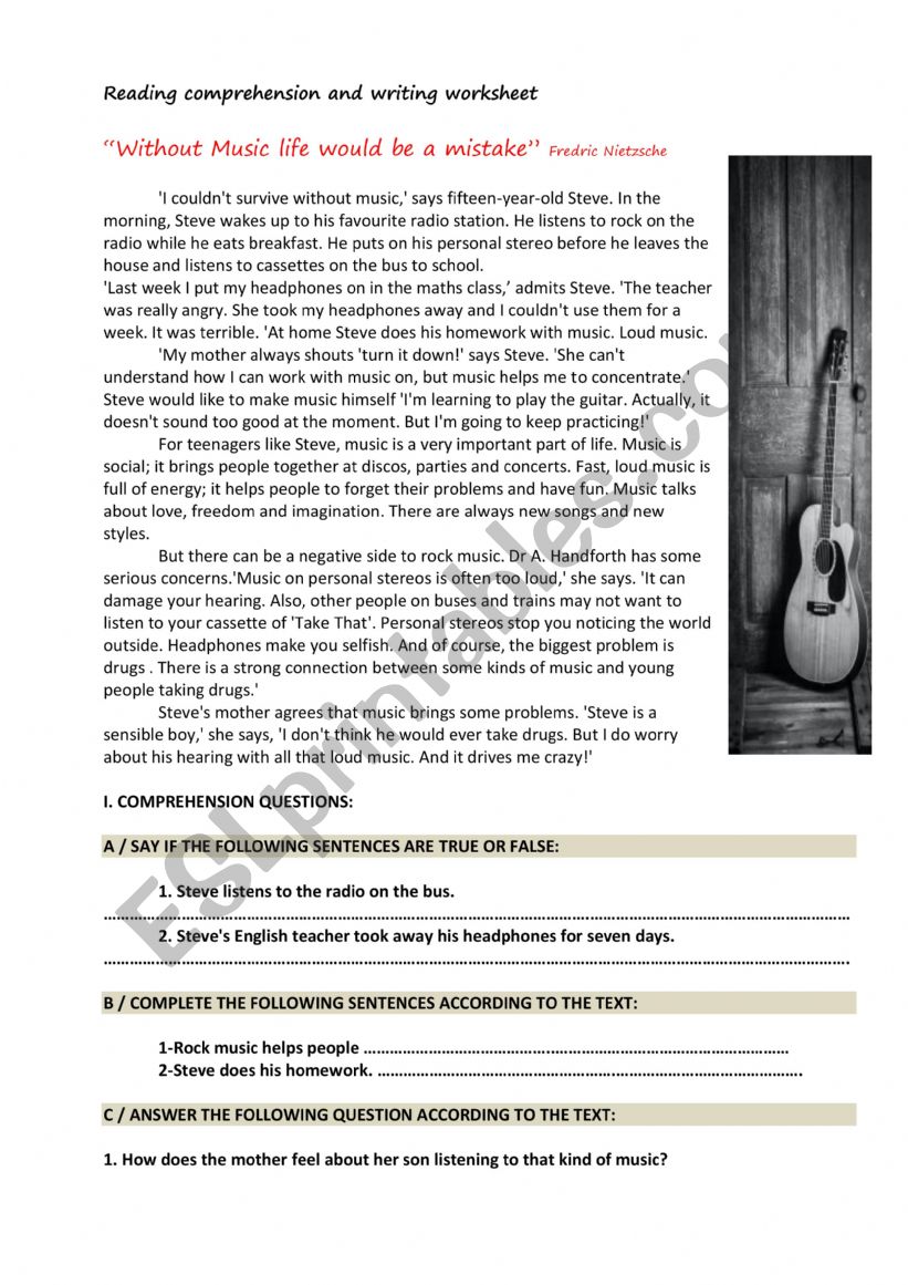 Reading comprehension and writing worksheet about  Music 