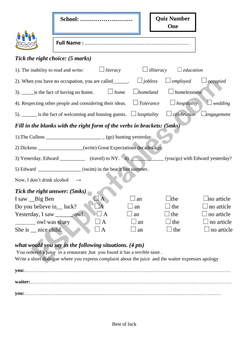 1 quiz 1 bac ticket to english textbook
