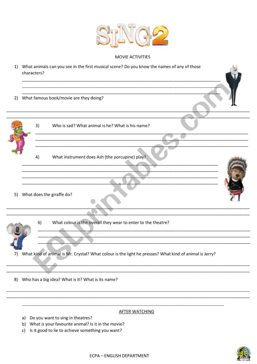 Sing 2 - Movie Questions worksheet