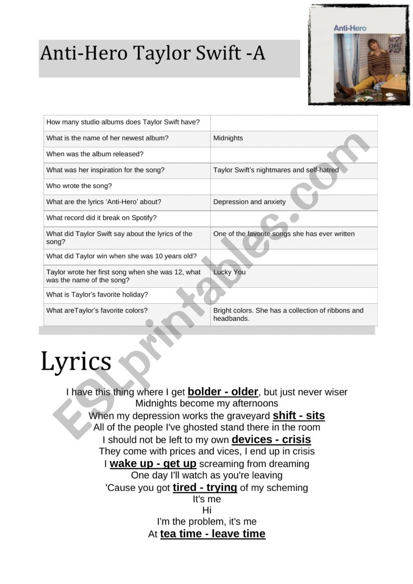 Anti-Hero Taylor Swift worksheet