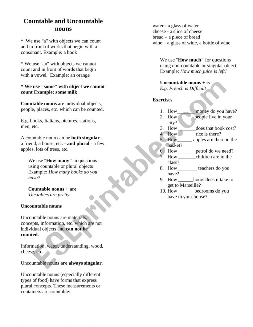 countable and uncountable nouns