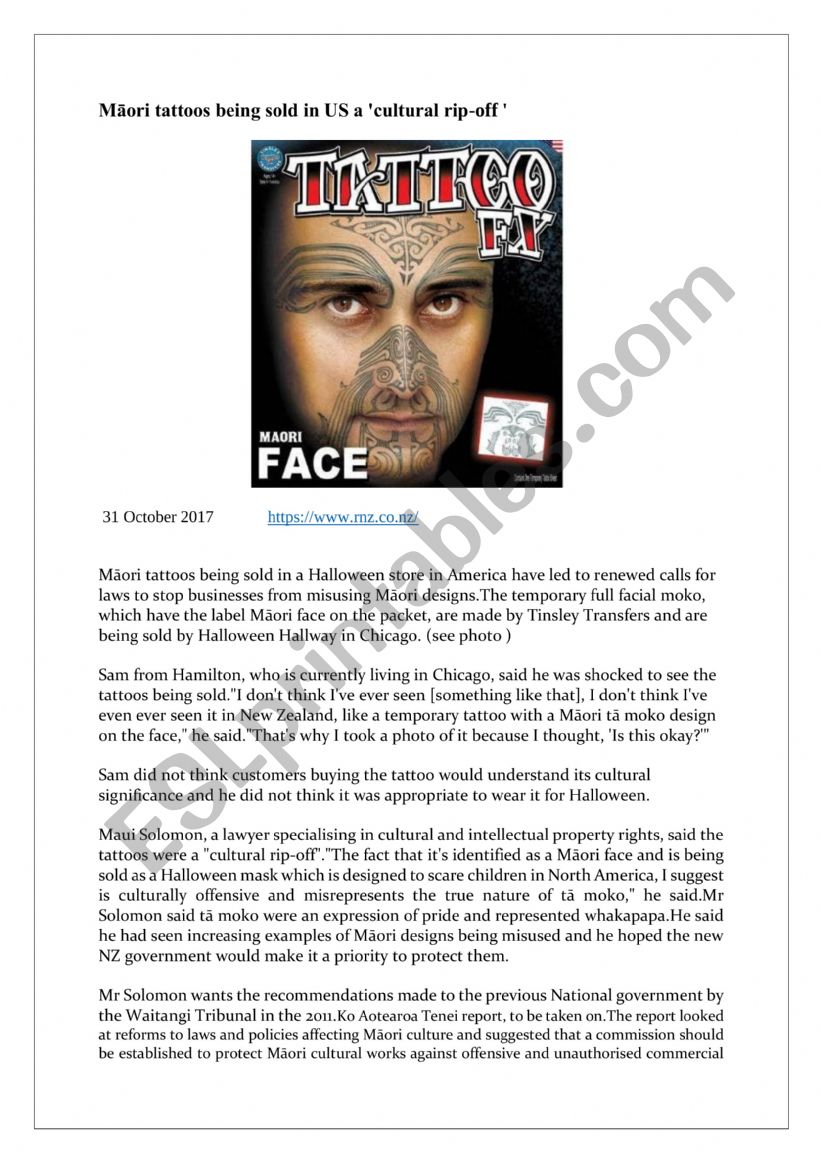 Maori facial tattoos sold in Us store for Halloween 