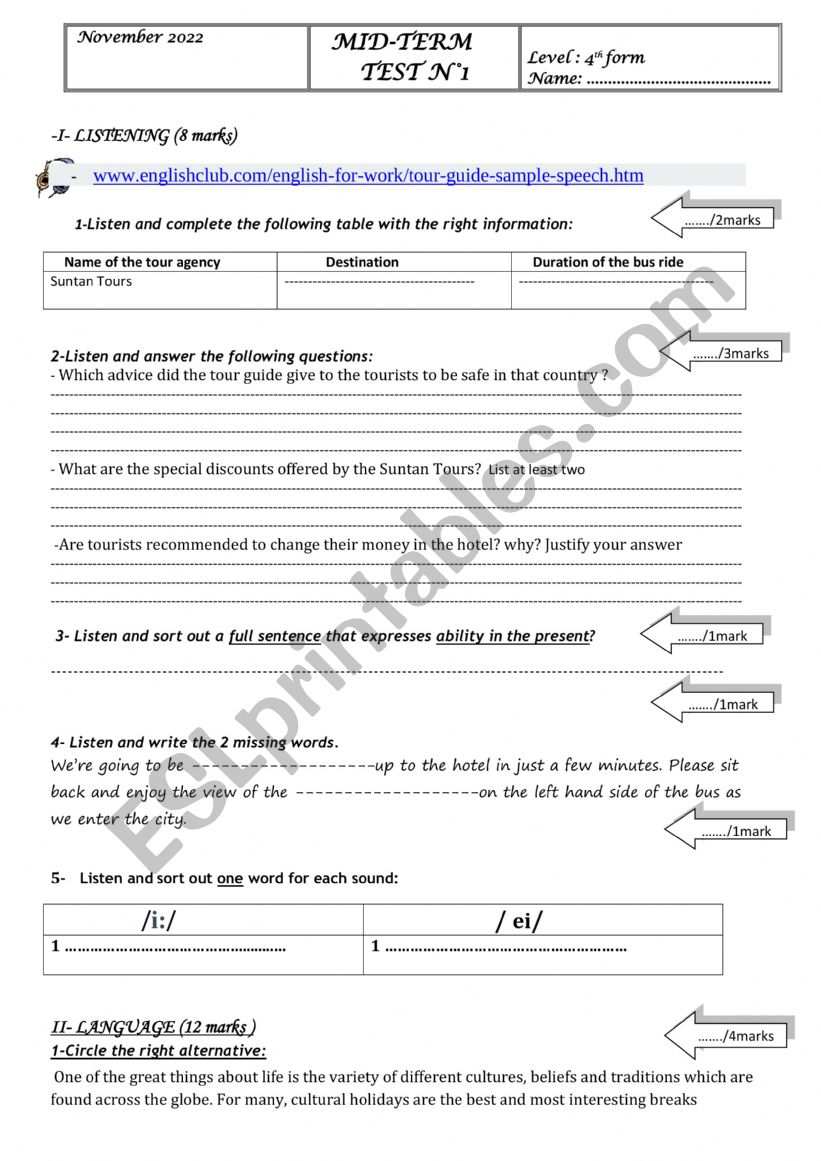 mid term test worksheet