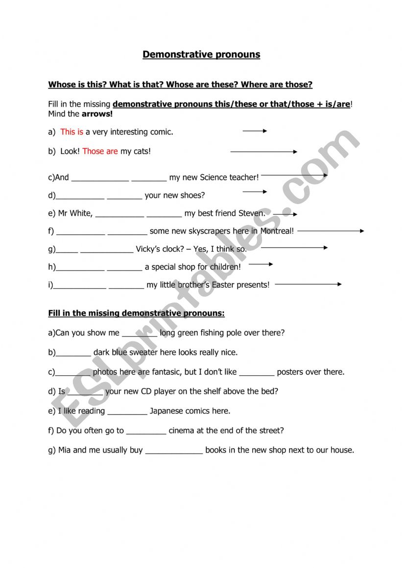 Demonstrative pronouns worksheet