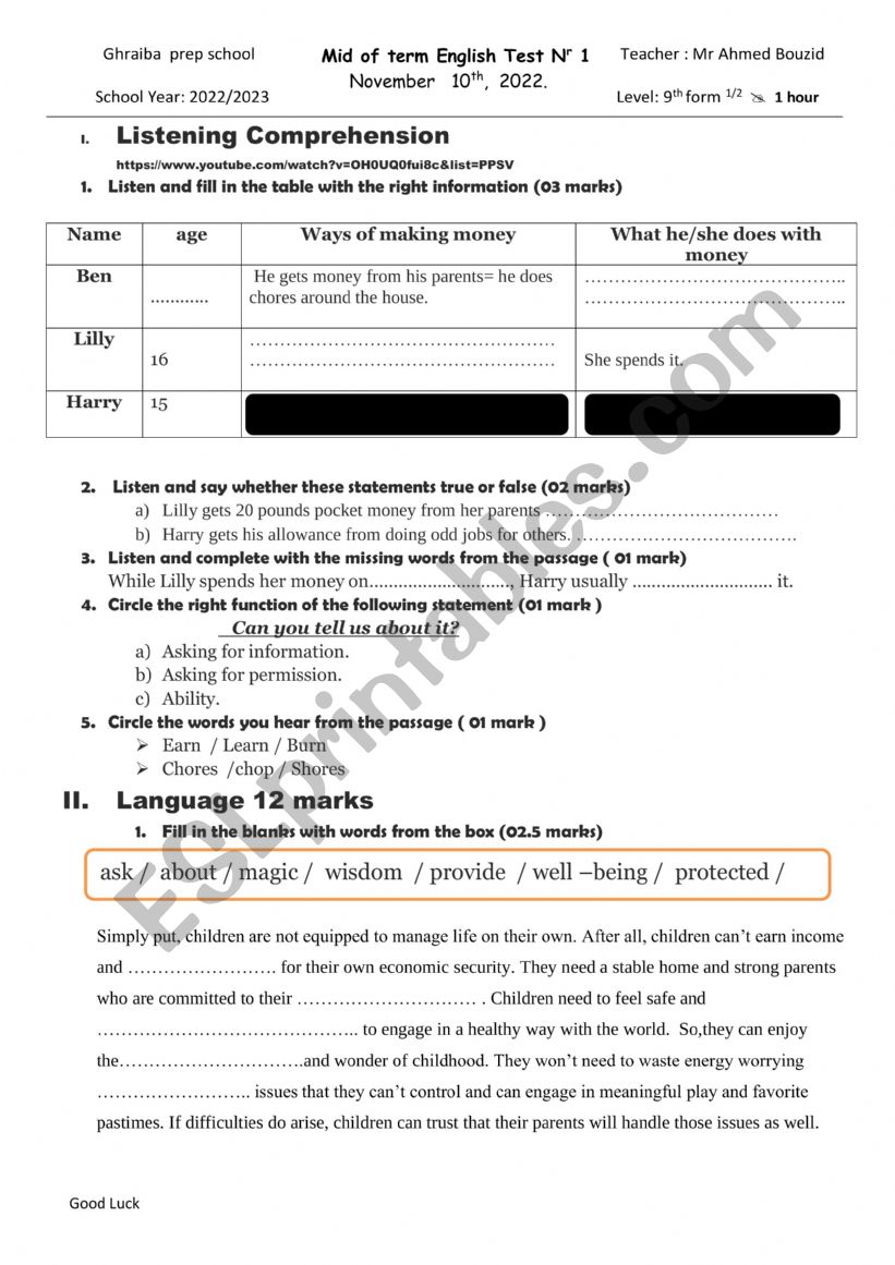 test 9th form worksheet