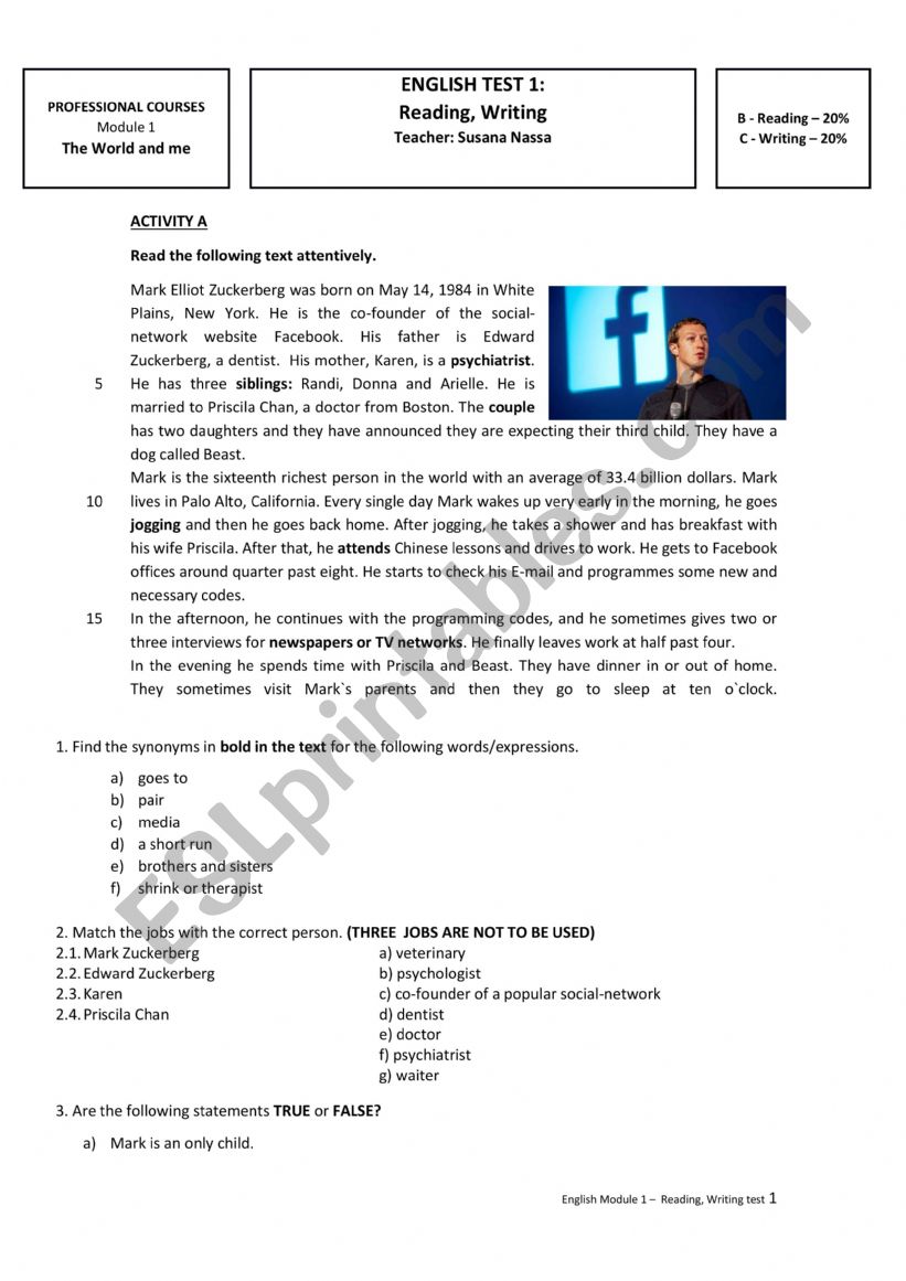 Test on routines and jobs worksheet