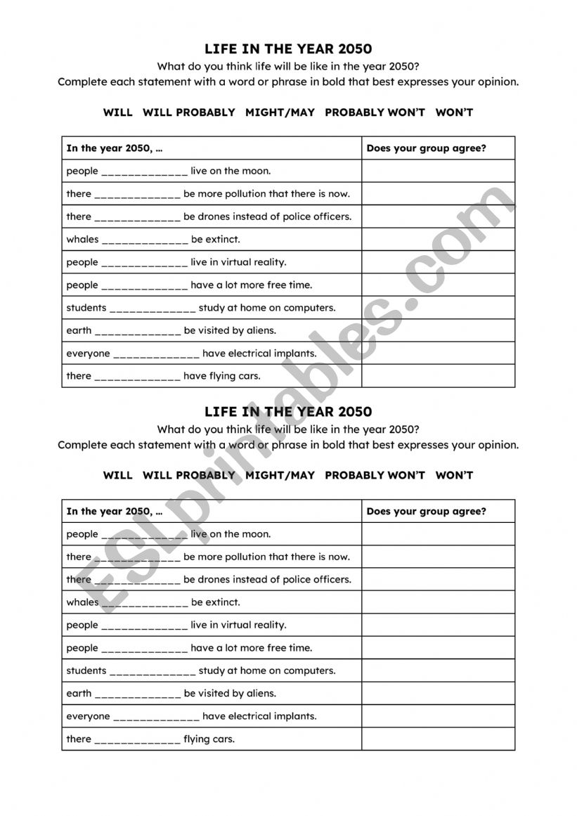 Life in the year 2050 worksheet