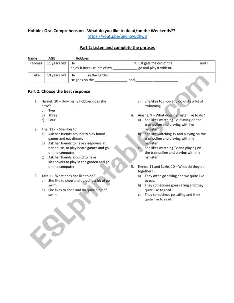 hobbies Oral comprehension  worksheet