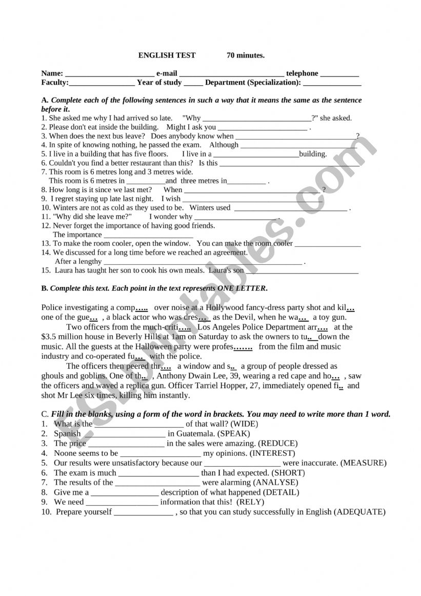 English Test worksheet