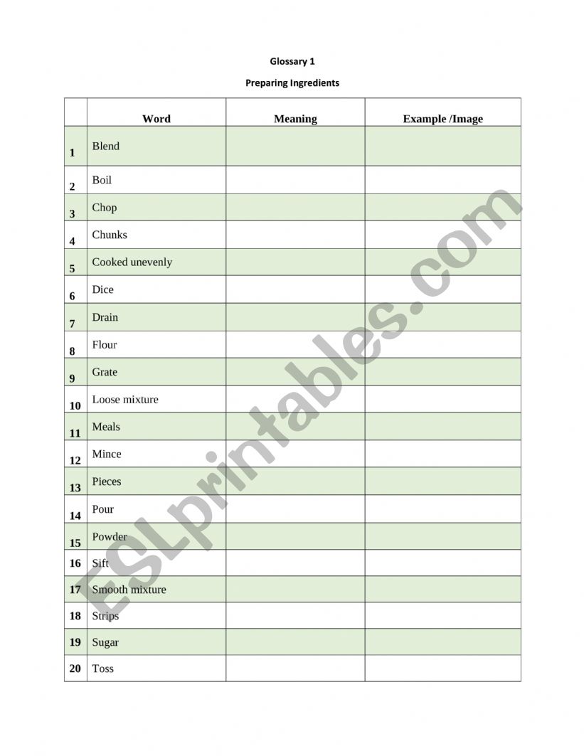 Cooking Glossary worksheet