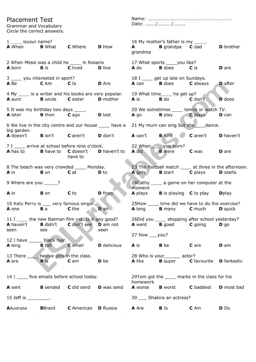 PLACEMENT TEST worksheet