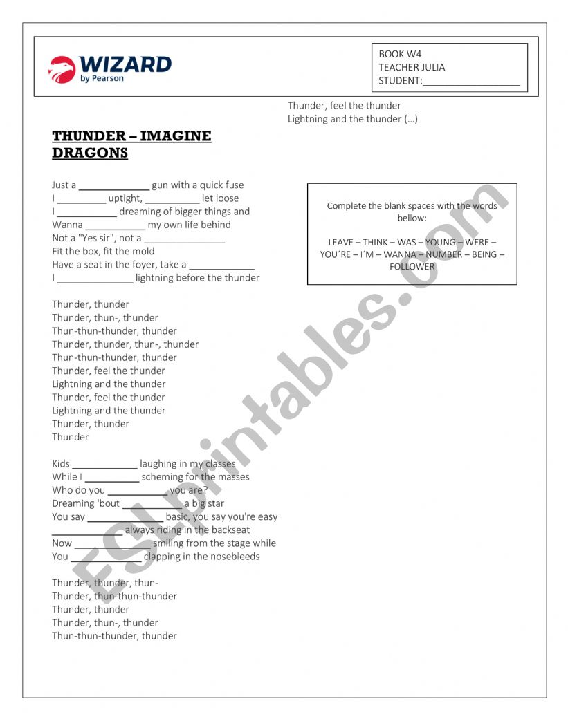 Thunder - Imagine Dragons worksheet